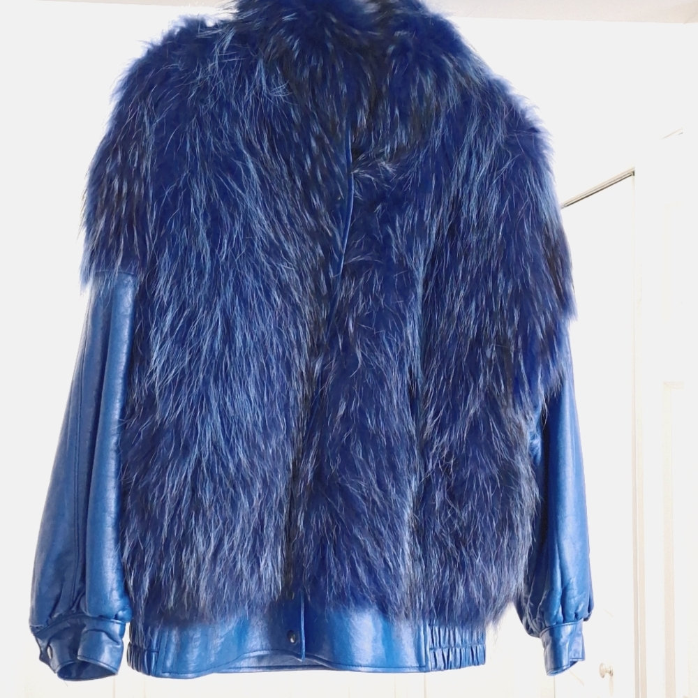 Blue Leather & Rabbit Fur Coat